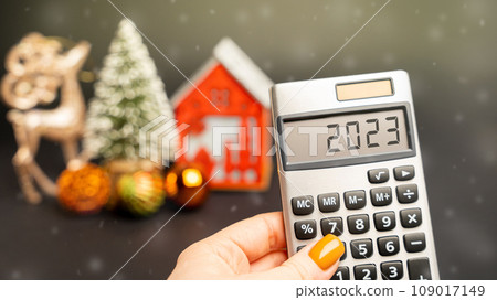Calculator 2023, Christmas tree and miniature houses. Accumulating money and report. Business and finance. Loans, deposit, credit. Promotions, offers. 109017149