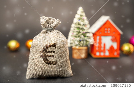 Euro money bag on the background of a Christmas tree, house and snow. Accumulating money and planning a budget. Business and finance. Loans, deposit, credit. Promotions, offers. Xmas winter holiday. 109017150