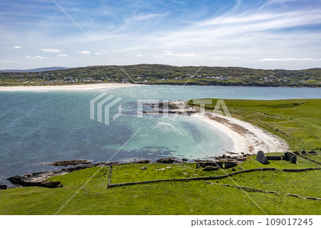 Aerial view of Inishkeel Island by Portnoo in County Donegal, Ireland. Aerial view of Inishkeel Island by Portnoo in County Donegal, Ireland. 109017245
