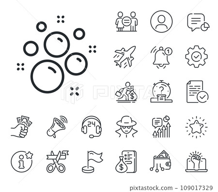 Laundry shampoo sign. Salaryman, gender equality and alert bell outline icons. Clean bubbles line icon. Clothing cleaner symbol. Clean bubbles line sign. Spy or profile placeholder icon. Vector Laundry shampoo sign. Salaryman, gender equality and alert bell outline icons. Clean bubbles line icon. Clothing cleaner symbol. Clean bubbles line sign. Spy or profile placeholder icon. Vector 109017329