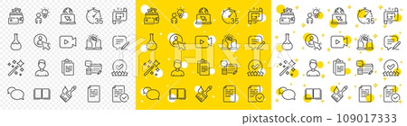Outline Account, Internet and Video camera line icons pack for web with Architectural plan, Empower, Money line icon. Write, Messenger, Chemistry lab pictogram icon. Group people, Brush. Vector 109017333