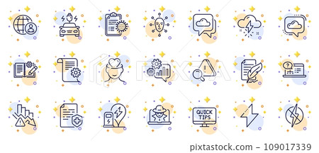 Outline set of Deflation, Feather signature and International recruitment line icons for web app. Include Cogwheel, Weather forecast, Engineering documentation pictogram icons. Attention. Vector 109017339