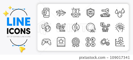 Fingerprint research, Insurance medal and Empower line icons set for app include 360 degrees, Chart, Package protection outline thin icon. Loyalty ticket, Gears, Speakers pictogram icon. Vector Fingerprint research, Insurance medal and Empower line icons set for app include 360 degrees, Chart, Package protection outline thin icon. Loyalty ticket, Gears, Speakers pictogram icon. Vector 109017341