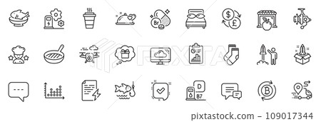 Icons pack as Gift dream, Launch project and Refresh bitcoin line icons for app include Power certificate, Confirmed, Report outline thin icon web set. Pillows, Cloud storage. Vector 109017344