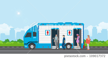 People queue to enter the toilet bus or mobile toilet. 109017372