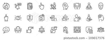 Icons pack as Health eye, Eye checklist and Smile line icons for app include Group, Depression treatment, Electronic thermometer outline thin icon web set. Engineering, Hold heart. Vector 109017376