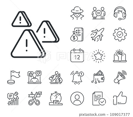 Important warnings sign. Salaryman, gender equality and alert bell outline icons. Attention line icon. Danger warn symbol. Attention line sign. Spy or profile placeholder icon. Vector 109017377