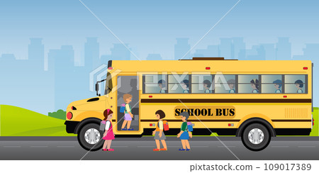 Happy little kids boys and girls getting on the school 109017389