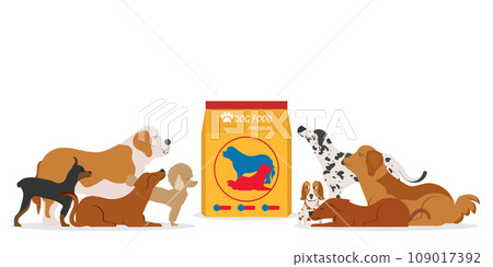 Cute dog looking at dog food bag package. 109017392