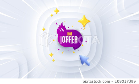 Hot offer banner. Neumorphic offer 3d banner, poster. Discount sticker shape. Coupon tag icon. Hot offer promo event background. Sunburst banner, flyer or coupon. Vector Hot offer banner. Neumorphic offer 3d banner, poster. Discount sticker shape. Coupon tag icon. Hot offer promo event background. Sunburst banner, flyer or coupon. Vector 109017399