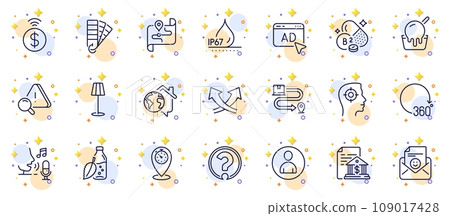 Outline set of 360 degrees, Riboflavin vitamin and Bank document line icons for web app. Include Map, Waterproof, Recruitment pictogram icons. Work home, Floor lamp, Microphone signs. Ad. Vector 109017428