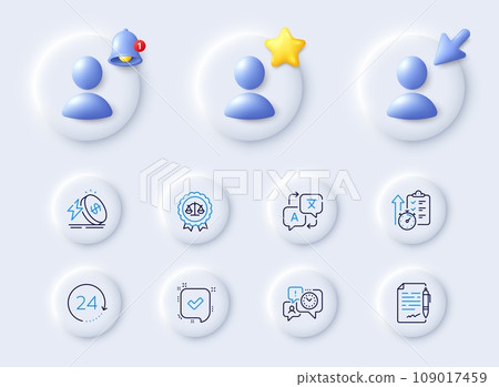 24 hours, Timer and Translate line icons. Placeholder with 3d cursor, bell, star. Pack of Time management, Confirmed, Justice scales icon. Energy price, Agreement document pictogram. Vector 24 hours, Timer and Translate line icons. Placeholder with 3d cursor, bell, star. Pack of Time management, Confirmed, Justice scales icon. Energy price, Agreement document pictogram. Vector 109017459
