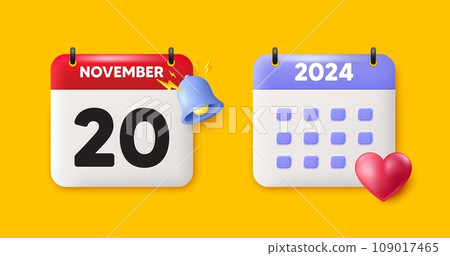 Calendar date 3d icon. 20th day of the month icon. Event schedule date. Meeting appointment time. 20th day of November month. Calendar event reminder date. Vector Calendar date 3d icon. 20th day of the month icon. Event schedule date. Meeting appointment time. 20th day of November month. Calendar event reminder date. Vector 109017465