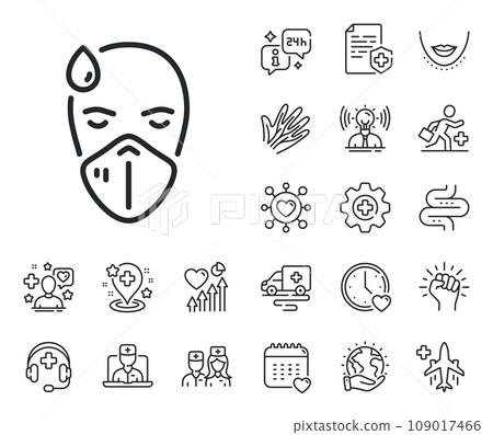 Safety respiratory mask sign. Online doctor, patient and medicine outline icons. Sick man with medical mask line icon. Coronavirus face protection symbol. Sick man line sign. Vector 109017466