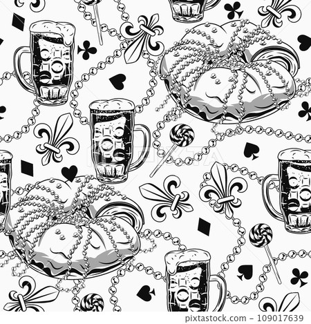 Seamless Mardi Gras pattern with king cake, full glass of beer, string of beads, trinket, Fleur de Lis, card suit signs. Festive holiday design. Vintage illustration for prints, clothing. Not AI 109017639