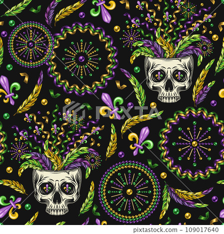 Carnival Mardi Gras pattern with half human skull, feathers, flying apart party streamers, confetti, feathers. Festive holiday illustration with Fleur de Lis, spiral ribbons. Vintage style Carnival Mardi Gras pattern with half human skull, feathers, flying apart party streamers, confetti, feathers. Festive holiday illustration with Fleur de Lis, spiral ribbons. Vintage style 109017640