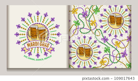 Seamless Mardi Gras pattern, circular composition with full glasses of beer, strings of beads, trinket, Fleur de Lis sign. Festive holiday design on white textured background. Not AI 109017643