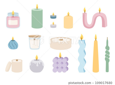 Trendy cozy aroma candles set in pastel colors. Vector illustration in flat cartoon style. Home decor. Vector illustration 109017680