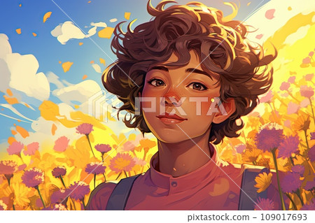 gentle breeze whispers through a field of wildflowers, representing the diversity of gender identities and expressions within the LGBTQ+ community, cartoon anime style 109017693