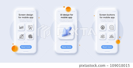Ferris wheel, Financial diagram and Construction bricks line icons pack. 3d phone mockups with cursor. Glass smartphone screen. Fishing float, Smile face, Coronavirus web icon. Vector 109018015