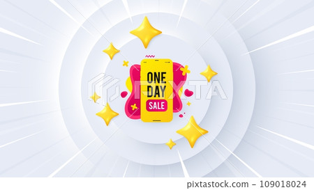 One day sale banner. Neumorphic offer 3d banner, coupon. Discount sticker shape. Special offer phone icon. One day promo event background. Sunburst banner, flyer or poster. Vector 109018024