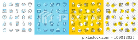 Vector icons set of Overeating pills, Vegetables cart and Apple line icons pack for web with Cappuccino, Market, Gluten free outline icon. Scotch bottle, Cooking whisk, Tea cup pictogram. Vector 109018025
