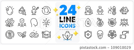 Icons set of Medical shield, Face biometrics and Head line icons pack for app with Food, Medical mask, Eco organic thin outline icon. Salad, No alcohol, Moisturizing cream pictogram. Vector 109018029