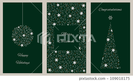 Corporate holiday cards with congratulations and wishes. Universal template. Christmas and New Year. Vector illustration in traditional green color. Corporate holiday cards with congratulations and wishes. Universal template. Christmas and New Year. Vector illustration in traditional green color. 109018175