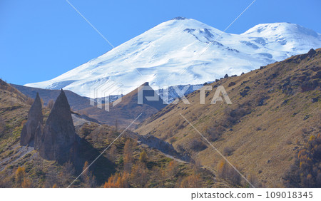 A view on Elbrus mountain . Dzhili-Su, Republic of Kabardino-Balkaria, Russia. A view on Elbrus mountain . Dzhili-Su, Republic of Kabardino-Balkaria, Russia. 109018345