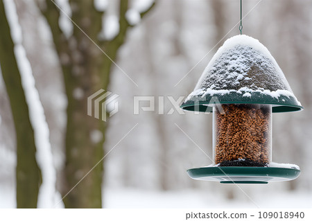 Bird feeder in the winter forest. Helping birds in winter. 109018940