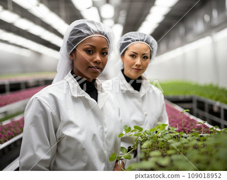 Farm workers checking microgreen sprouts on the shelves of a vertical farm, eco-products growing greens, healthy eating 109018952