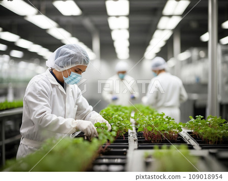 Farm workers checking microgreen sprouts on the shelves of a vertical farm, eco-products growing greens, healthy eating 109018954