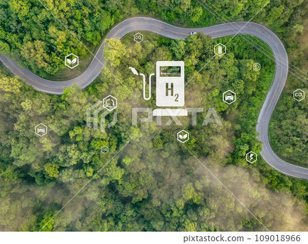 Green hydrogen concept. Sustainable renewable energy. Hydrogen Fuel cell vehicle. Zero emission car. Future energy. Green technology. Energy for green hydrogen power generation. Hydrogen economy. 109018966