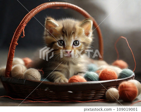 A small fluffy kitten lies in a basket with multi-colored balls of wool. A small fluffy kitten lies in a basket with multi-colored balls of wool. 109019001