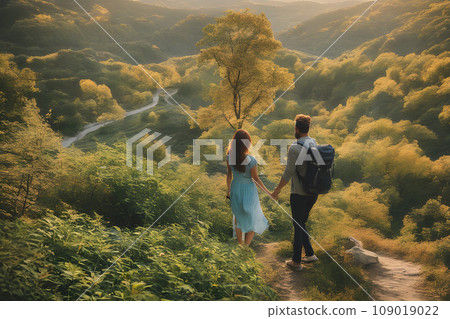 Hikers enjoy the view of the valley from the top of the mountain. Back view. 109019022