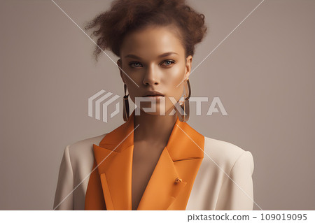 fashion model in orange clothes, beautiful young woman. Studio shot 109019095