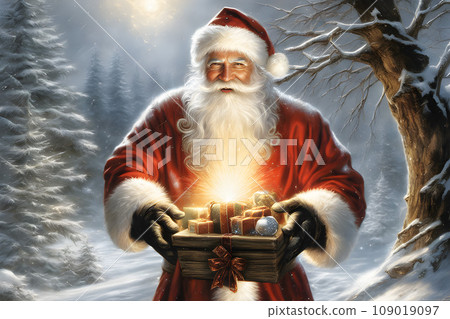 Santa Claus on Christmas Eve stands in a snowy forest and holds a magical gift in his hands. illustration of Christmas magic. Santa Claus on Christmas Eve stands in a snowy forest and holds a magical gift in his hands. illustration of Christmas magic. 109019097