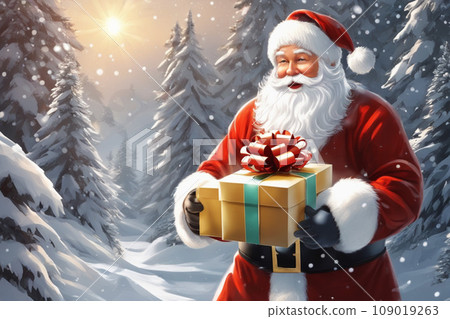 Santa Claus on Christmas Eve stands in a snowy forest and holds a magical gift in his hands. Cartoon illustration of Christmas magic. 109019263