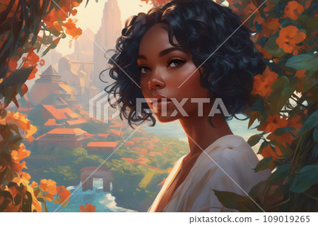 Abstract watercolor painting concept. Colorful portrait of a black woman against a colorful landscape. Abstract watercolor painting concept. Colorful portrait of a black woman against a colorful landscape. 109019265