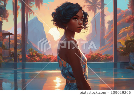 Abstract watercolor painting concept. Colorful portrait of a black woman against a colorful landscape. Abstract watercolor painting concept. Colorful portrait of a black woman against a colorful landscape. 109019266