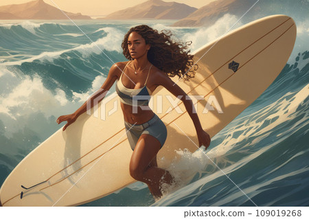 Picturesque illustration of a beautiful young woman in a swimsuit on the surf. Sports surfer girl is surfing. Outdoor activities. Picturesque illustration of a beautiful young woman in a swimsuit on the surf. Sports surfer girl is surfing. Outdoor activities. 109019268
