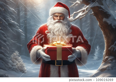 Santa Claus on Christmas Eve stands in a snowy forest and holds a magical gift in his hands. illustration of Christmas magic. Santa Claus on Christmas Eve stands in a snowy forest and holds a magical gift in his hands. illustration of Christmas magic. 109019269