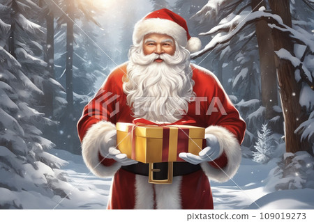Santa Claus on Christmas Eve stands in a snowy forest and holds a magical gift in his hands. Cartoon illustration of Christmas magic. Santa Claus on Christmas Eve stands in a snowy forest and holds a magical gift in his hands. Cartoon illustration of Christmas magic. 109019273