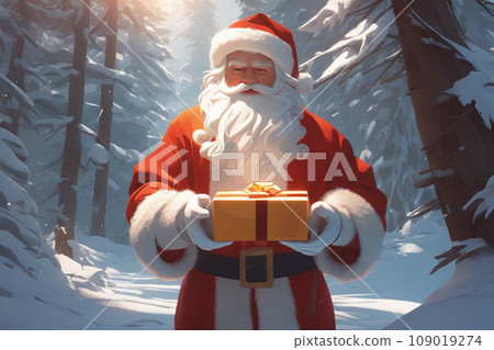 Santa Claus on Christmas Eve stands in a snowy forest and holds a magical gift in his hands. Cartoon illustration of Christmas magic. Santa Claus on Christmas Eve stands in a snowy forest and holds a magical gift in his hands. Cartoon illustration of Christmas magic. 109019274