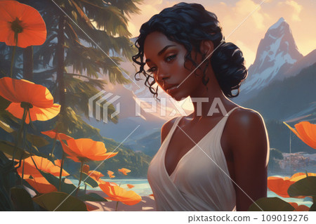 Abstract watercolor painting concept. Colorful portrait of a black woman against a colorful landscape. Abstract watercolor painting concept. Colorful portrait of a black woman against a colorful landscape. 109019276