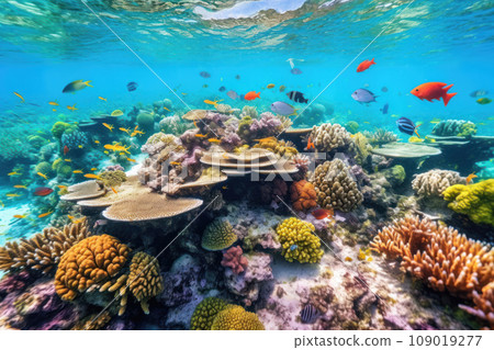 Vibrant underwater coral reef with diverse fish swimming among corals. Generative AI 109019277