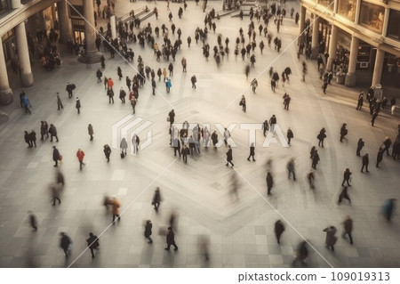 Blurry motion of diverse crowd walking in busy urban plaza. Generative AI 109019313
