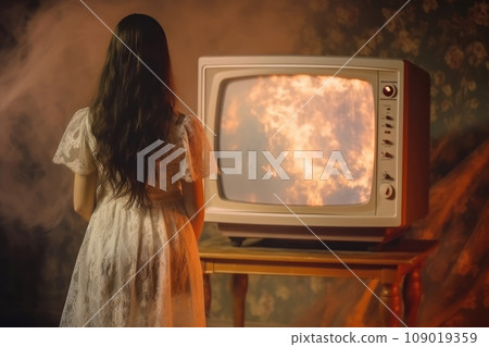 Mysterious girl in vintage dress watching a fiery explosion on o. Generative AI Mysterious girl in vintage dress watching a fiery explosion on o. Generative AI 109019359