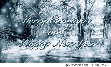 Merry Christmas and Happy New Year words letters design celebration. Winter falling snow and snowflakes in forest trees. Text background backdrop. Merry Christmas and Happy New Year words letters design celebration. Winter falling snow and snowflakes in forest trees. Text background backdrop. 109019479