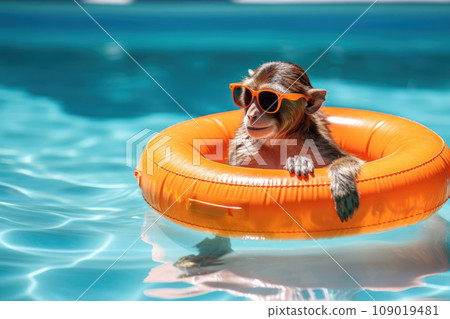 Relaxed Monkey Enjoying Pool Time with Sunglasses. Generative AI 109019481
